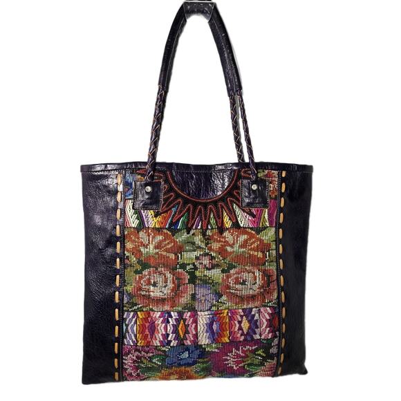 Altiplano Handmade Fair Trade Tote Purse Recycled Blouses and Purple Leather - Picture 1 of 13